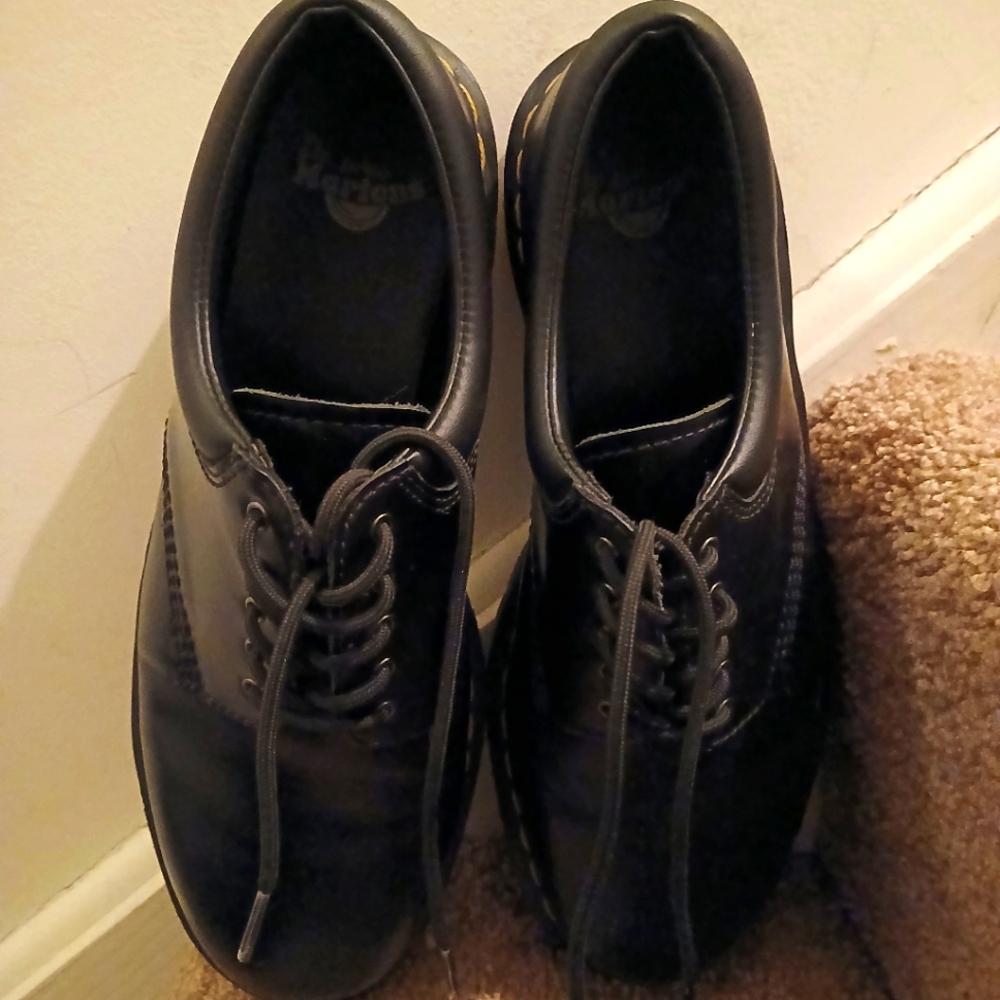 Dr. Martens Black Leather Platform Derby Shoes with Yellow Stitching - Picture 5 of 10